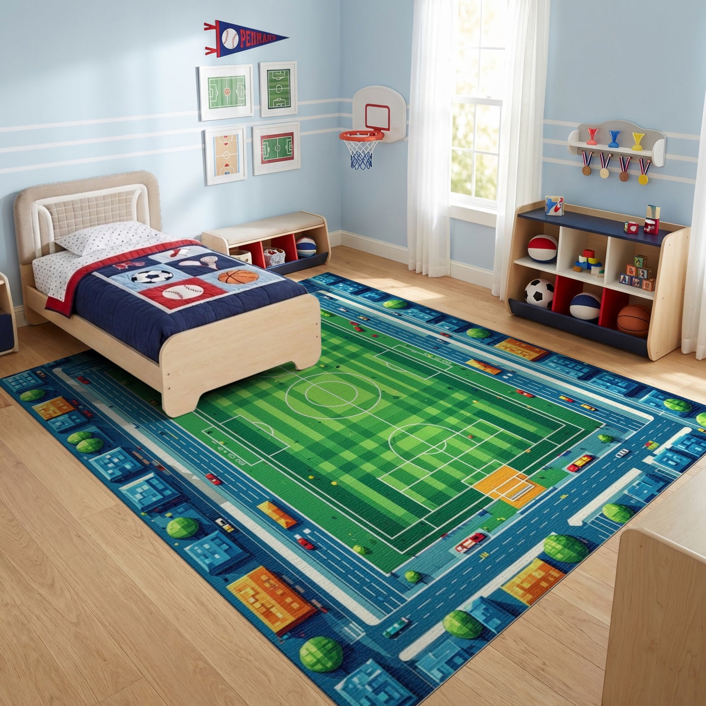 Vibrant Aerial Soccer Field City Rug