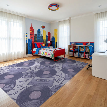 Retro Purple Vinyl Records Cassettes Rug