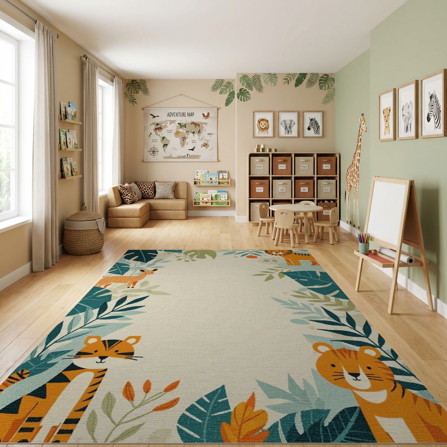 Playful Orange Tigers Deer Leafy Jungle Rug