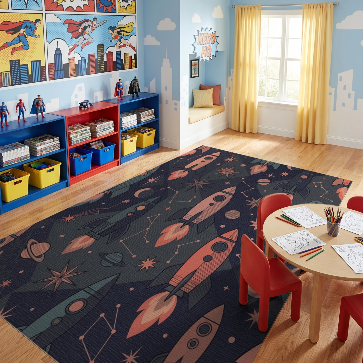Cosmic Rocket Star Planet Navy Rug