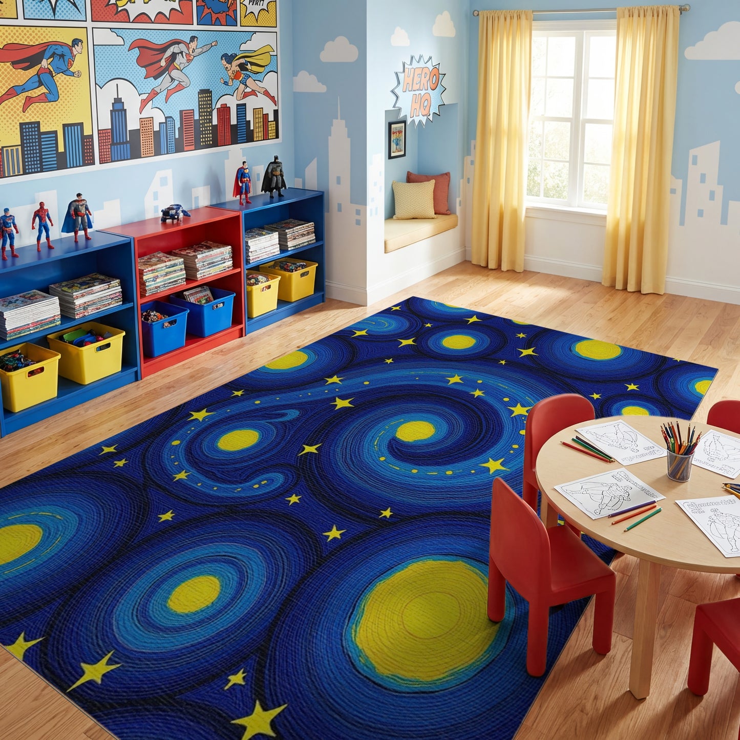 Navy Swirling Stars Yellow Circles Rug