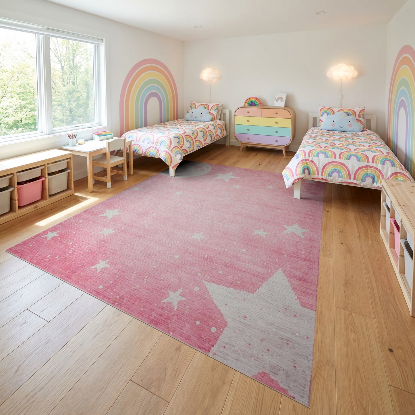 Whimsical Pink Moon Stars Rug