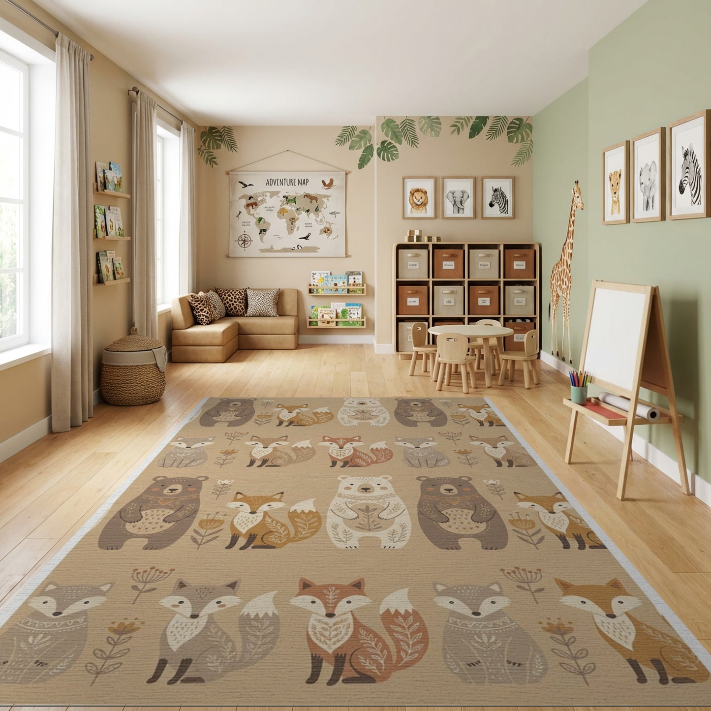 Earthy Bear Fox Floral Whimsical Rug