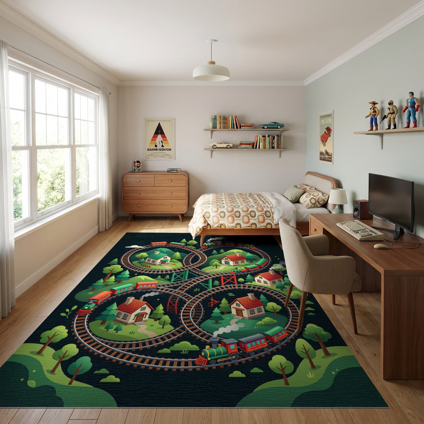 Whimsical Train Loop Village Forest Rug