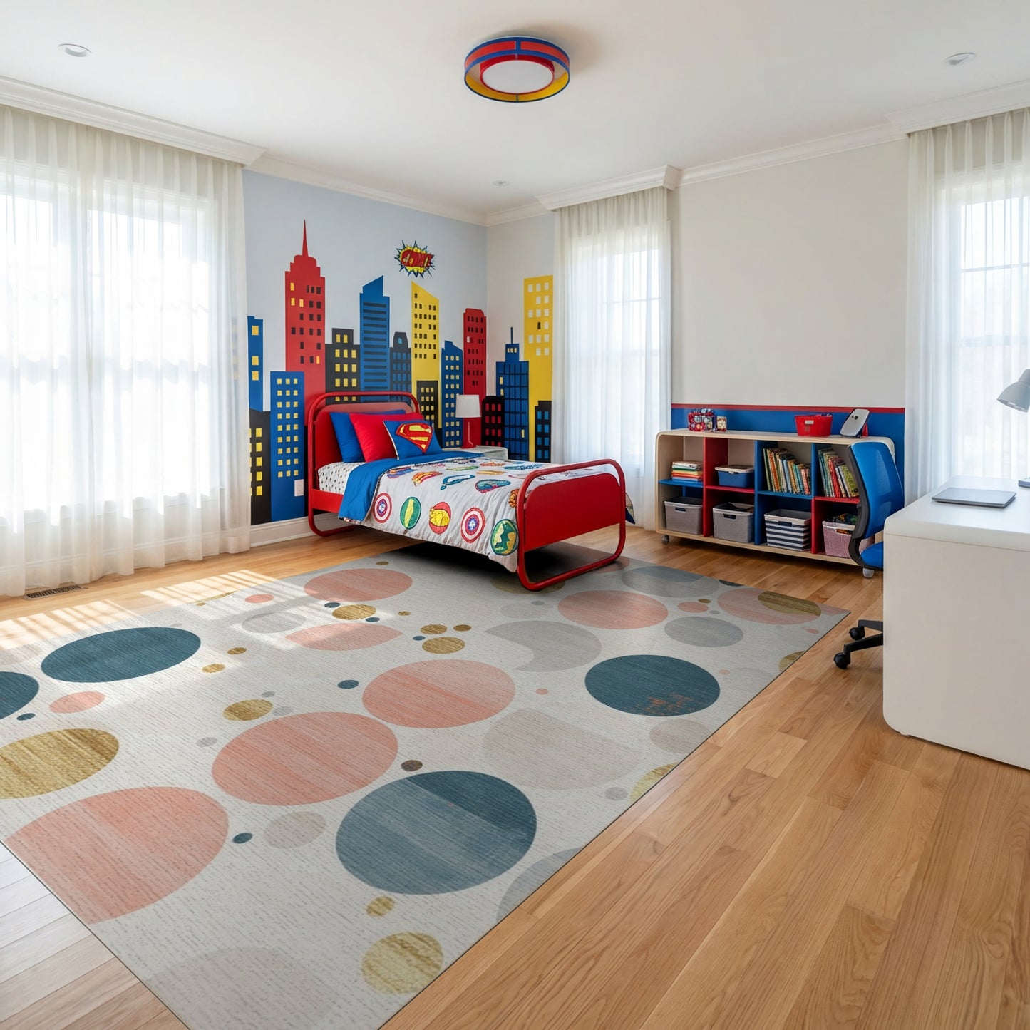 Abstract Teal Coral Gold Circles Rug