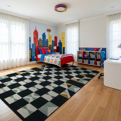 Modern Black Teal Geometric Diamond Rug