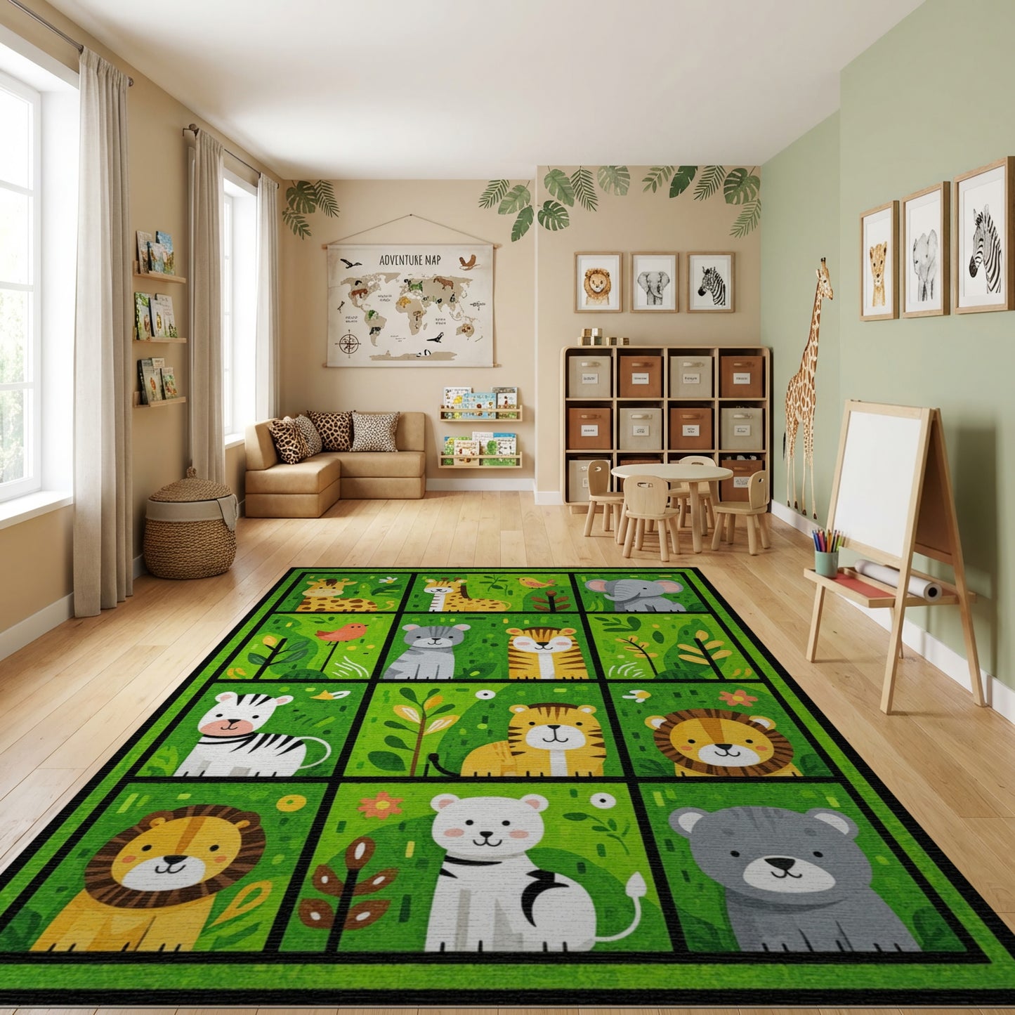 Playful Green Cartoon Jungle Animals Rug