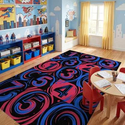 Bold Pink Blue Swirling Numbers Rug