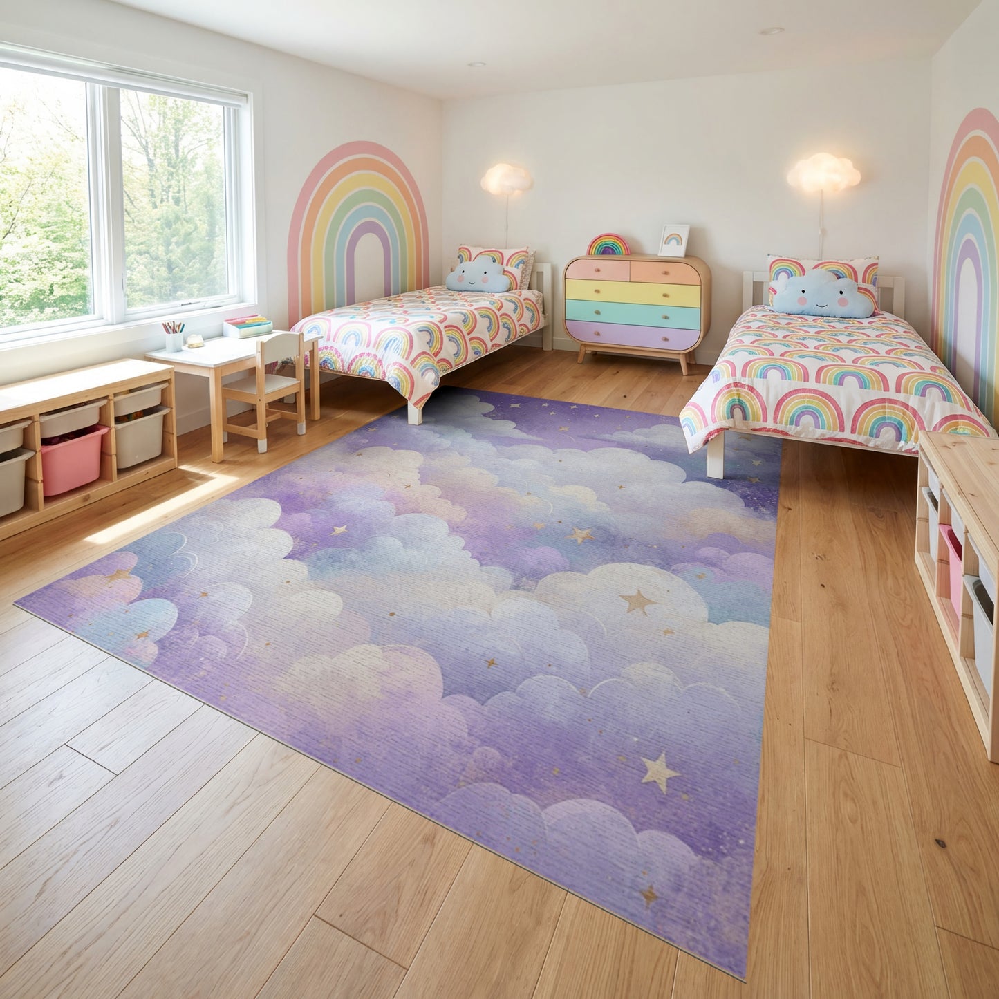 Dreamy Purple Clouds Golden Stars Rug