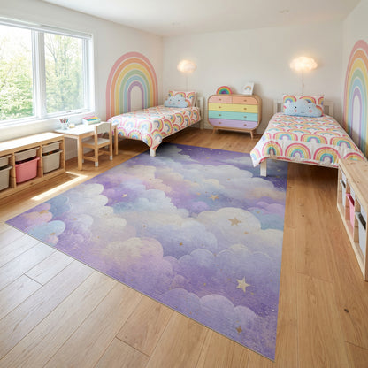 Dreamy Purple Clouds Golden Stars Rug