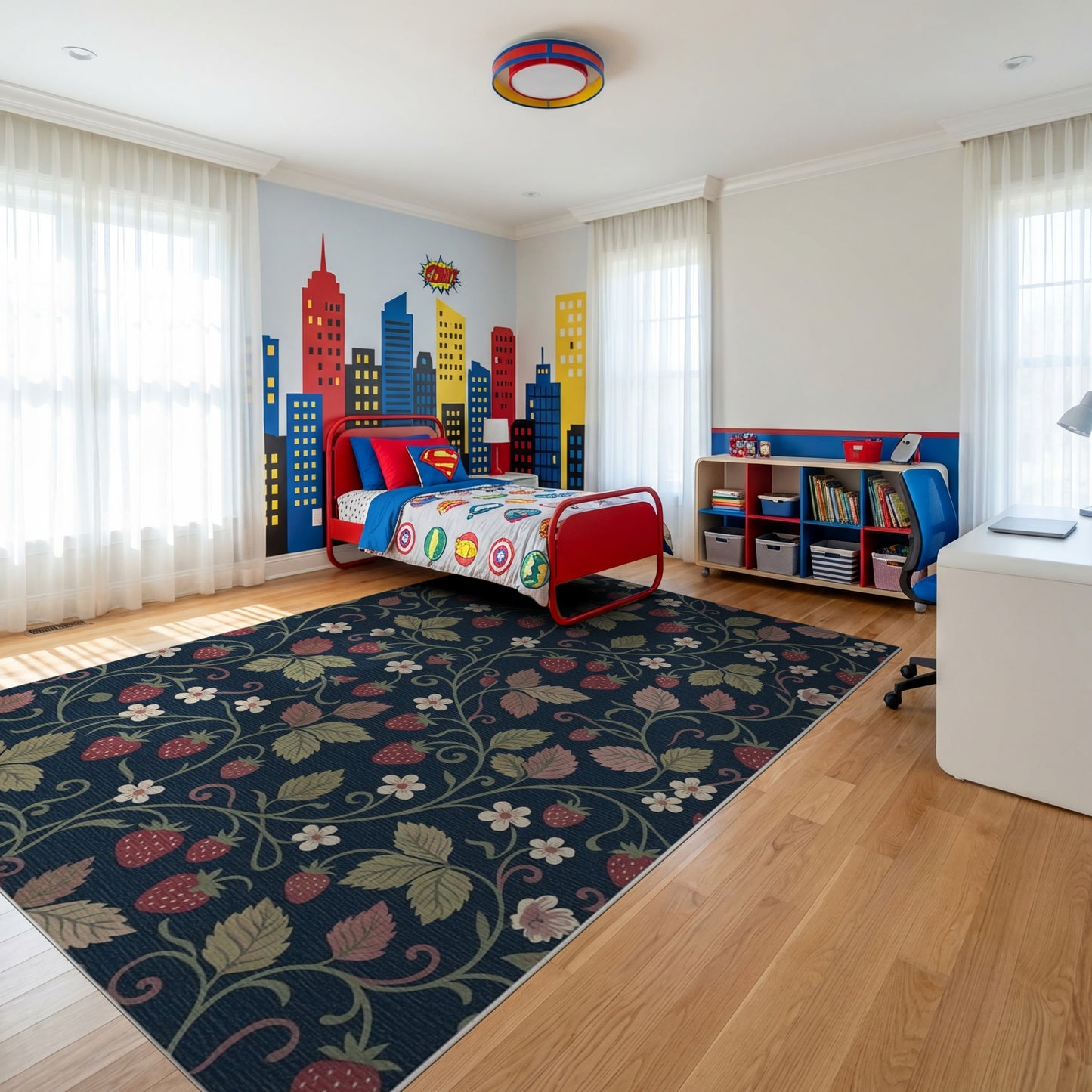 Navy Strawberry Vine Leaf Whimsical Rug