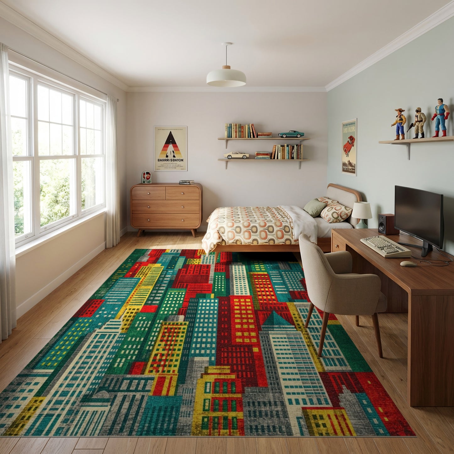 Vibrant Red Teal City Skyline Rug