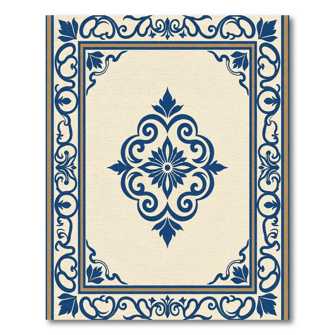 Navy Blue Cream Scrolling Floral Frame Rug