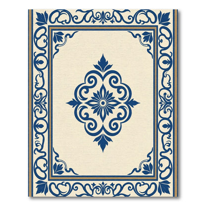 Navy Blue Cream Scrolling Floral Frame Rug