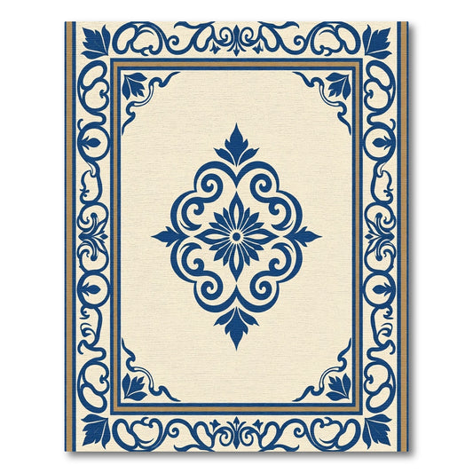 Navy Blue Cream Scrolling Floral Frame Rug