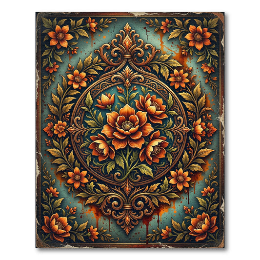 Vintage Amber Floral Ornate Medallion Rug