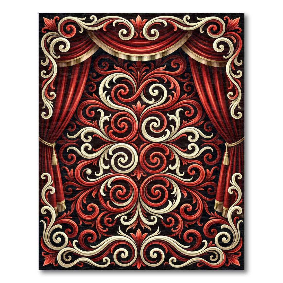 Elegant Crimson Cream Baroque Scroll Rug