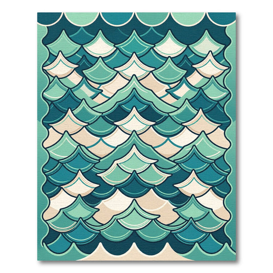 Teal and Cream Scalloped Wave Art Rug