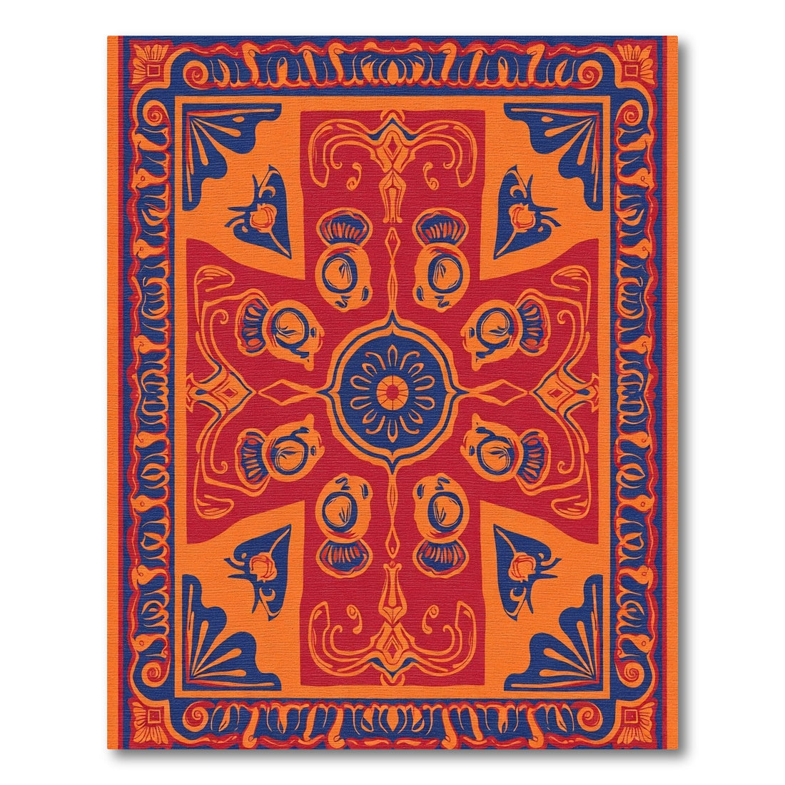 Bold Red Blue Ornamental Frieze Rug