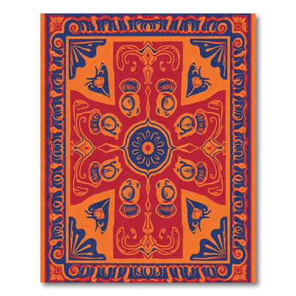 Bold Red Blue Ornamental Frieze Rug