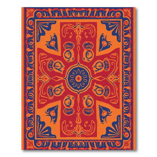 Bold Red Blue Ornamental Frieze Rug