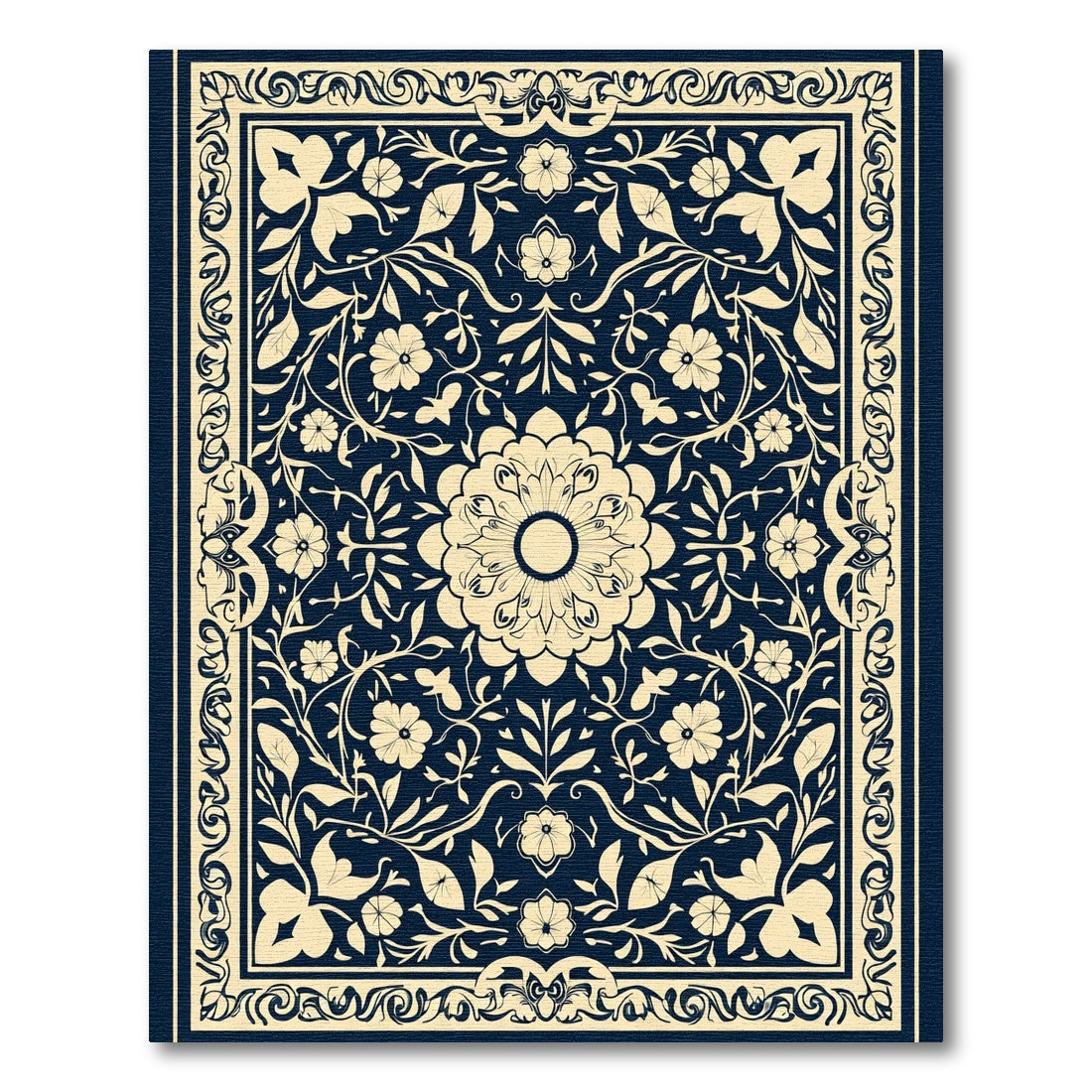 Cream Floral Scroll Border Navy Rug