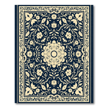 Cream Floral Scroll Border Navy Rug