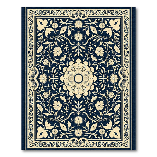 Cream Floral Scroll Border Navy Rug