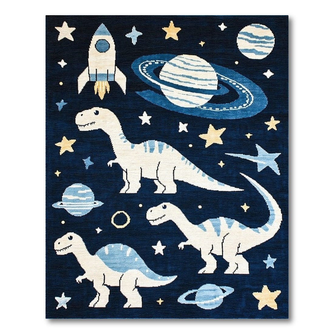 Whimsical Dino Rocket Planet Stars Rug