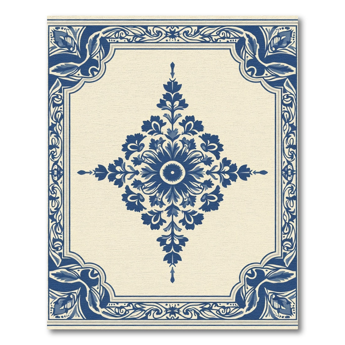 Blue Floral Medallion Cream Border Rug