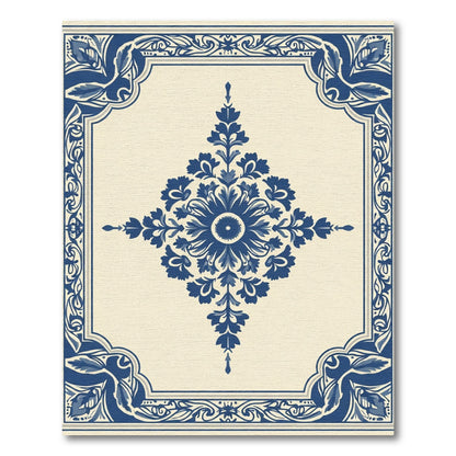 Blue Floral Medallion Cream Border Rug