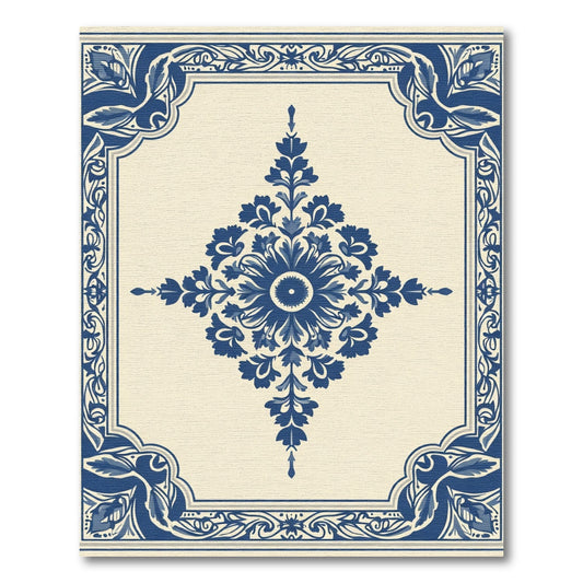 Blue Floral Medallion Cream Border Rug
