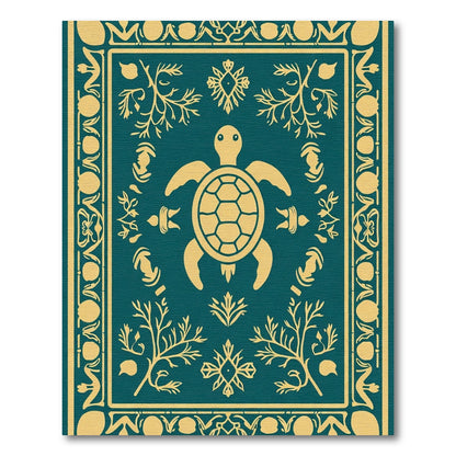 Golden Yellow Turtle Teal Border Rug