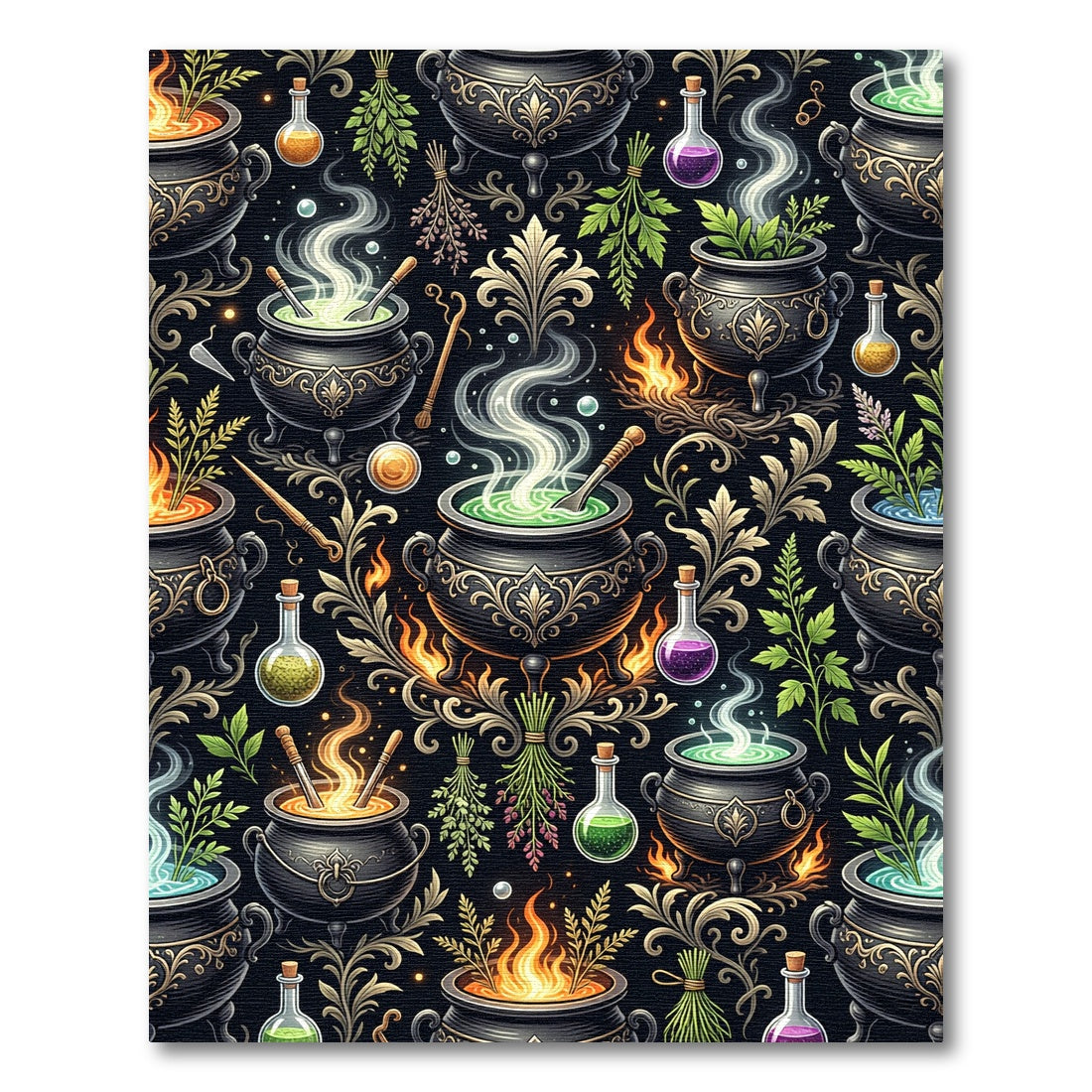 Mystical Cauldron Witchcraft Floral Black Tapestry Rug