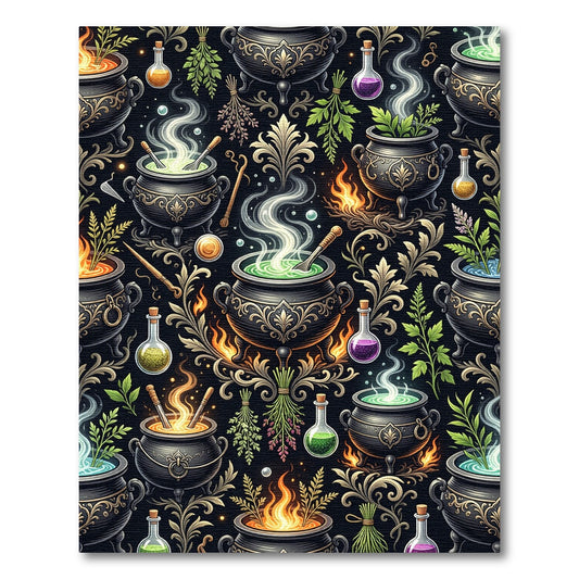 Mystical Cauldron Witchcraft Floral Black Tapestry Rug