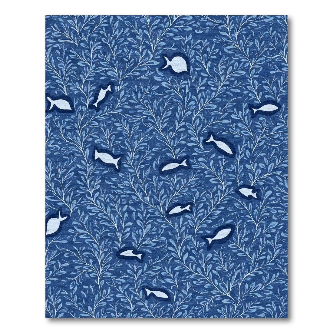 Deep Blue Aquatic Foliage Whimsical Fish Rug