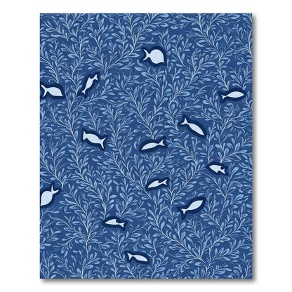Deep Blue Aquatic Foliage Whimsical Fish Rug