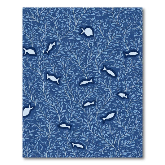 Deep Blue Aquatic Foliage Whimsical Fish Rug