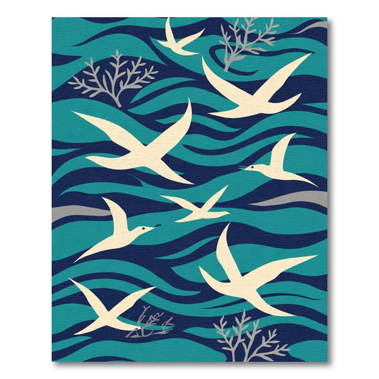 Cream Birds Over Deep Blue Waves Rug