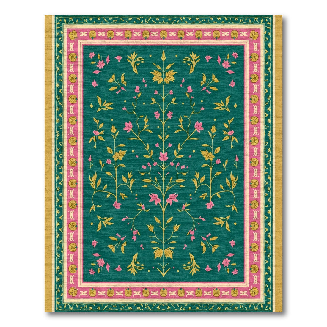 Emerald Green Pink Flowering Tree Rug