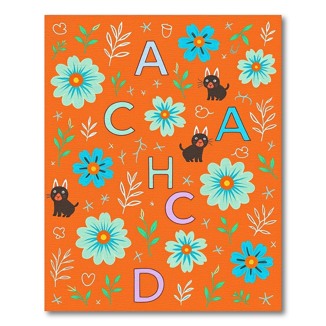 Orange Floral Whimsical Cats Alphabet Rug