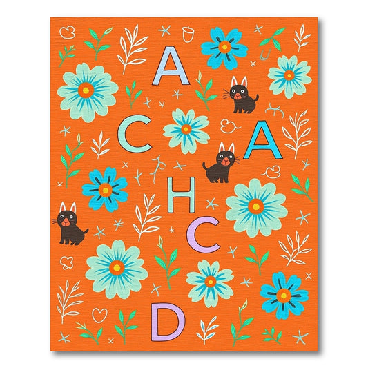 Orange Floral Whimsical Cats Alphabet Rug