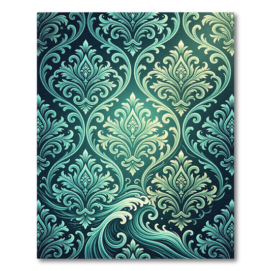 Elegant Teal Damask Scroll Arched Tile Rug