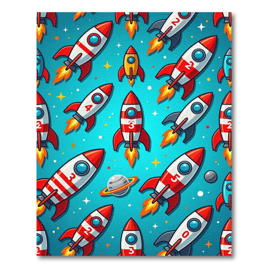 Vibrant Red Rockets Stars Whimsical Rug