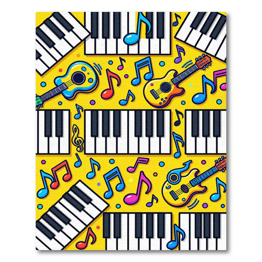 Vibrant Yellow Piano Guitar Notes Rug
