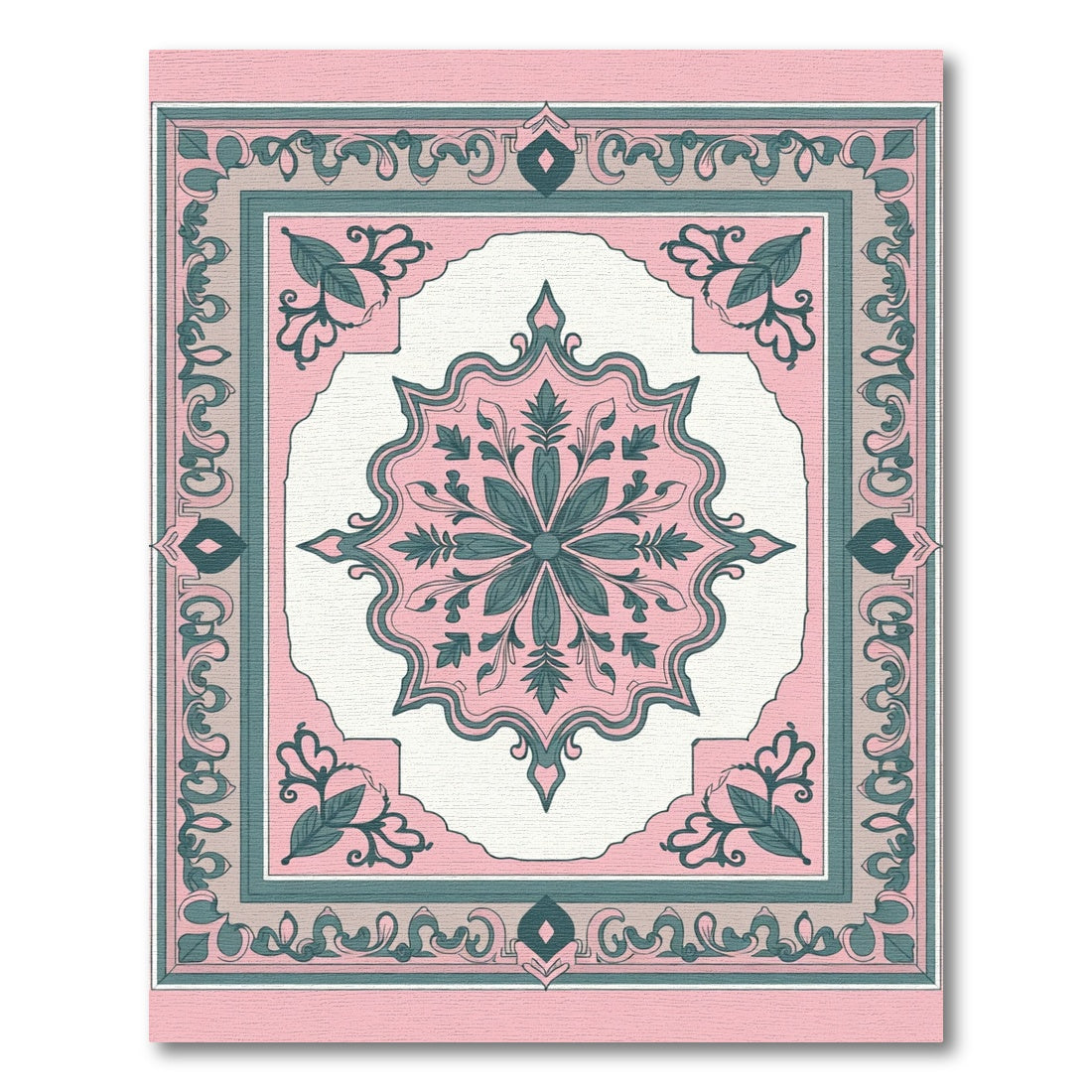 Pink Teal Floral Medallion Square Rug
