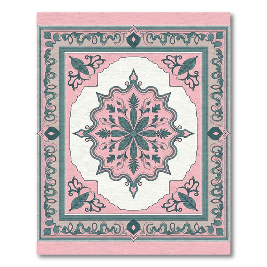 Pink Teal Floral Medallion Square Rug