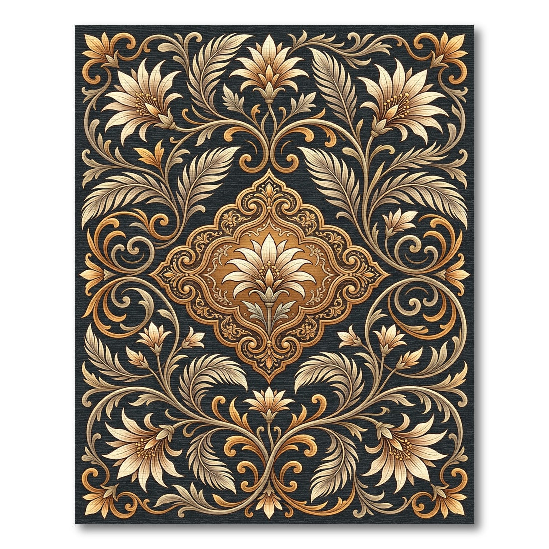Elegant Golden Floral Nature Scrollwork Rug