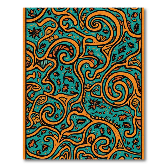 Teal Orange Swirling Vine Floral Rug
