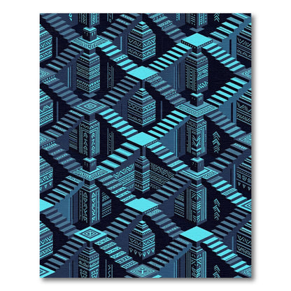 Cyan Blue Geometric Staircase Maze Rug